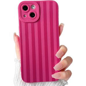 NITITOP Compatible with iPhone 15 Plus Case Cute Stylish Line Stripe Pattern Design for Women Girls Soft TPU Shockproof Full Camera Protective Phone Cover - Rose Red