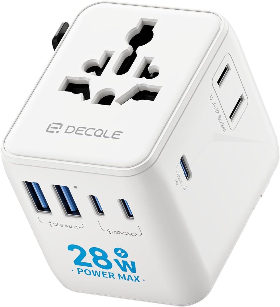 Universal Travel Adapter, International Travel Plug Adapter with 3 USB-C 2 USB-A Ports, with Extra 2 Prong AC Outlet All in One Portable Socket, for USA, UK, EU, AU 224+ Countries (White)