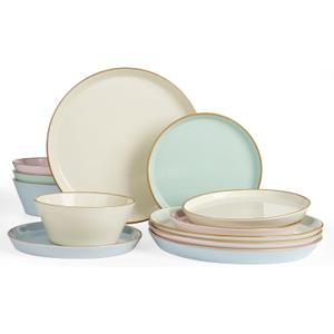 Famiware Saturn Dinnerware Sets, Plates and Bowls Sets for 4, 12 Pieces Stoneware Dish Set - Chip and Scratch Resistant, Microwave and Dishwasher Safe Tableware Set, Multi-color with Rim