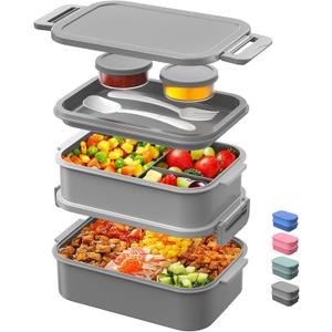 DaCool Adults Lunchbox Bento Box - 74 OZ All-in-One Stackable Lunch Box for Adults Men Women Teens Leakproof Bento Large Lunch Box Containers with Fork Spoon Sauce Box for Dining Out Work School,Grey