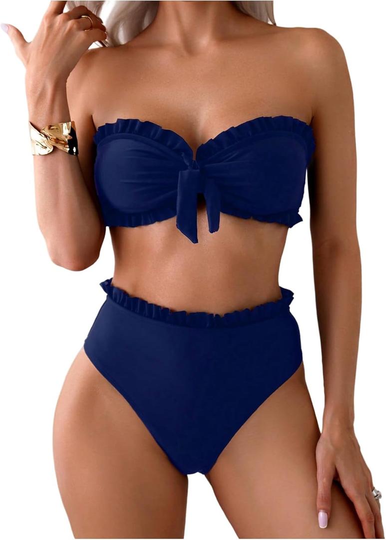 SOLY HUX Women's Bandeau Bikini Set Tie Knot Front Frill Strapless High Waisted Bathing Suit Two Piece Swimsuit (Plain Dark Blue, XL)