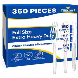 360 Count Extra Heavy Duty Plastic Silverware Set Heat Resistant & BPA Free Disposable Silverware Cutlery 150 Forks, 150 Spoons, 60 Knives Clear Premium Plastic Utensils for Parties & Events