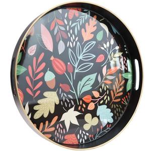 Leemxiiny Round Serving Tray with Handles, Coffee Table Tray for Ottoman, Living Room, Outdoor Tray for Patio Entertaining, Serving Breakfast Kitchen Platter LEE33BH