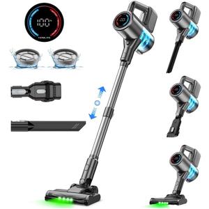 Cordless Vacuum Cleaner, 500W/40KPA Lightweight Stick Vacuum up to 40 mins Runtime, LED Display and Green Headlights, 6-Stages Filtration, Self-Standing Vacuum for Home Hard Floor, Carpet and Pet Hair