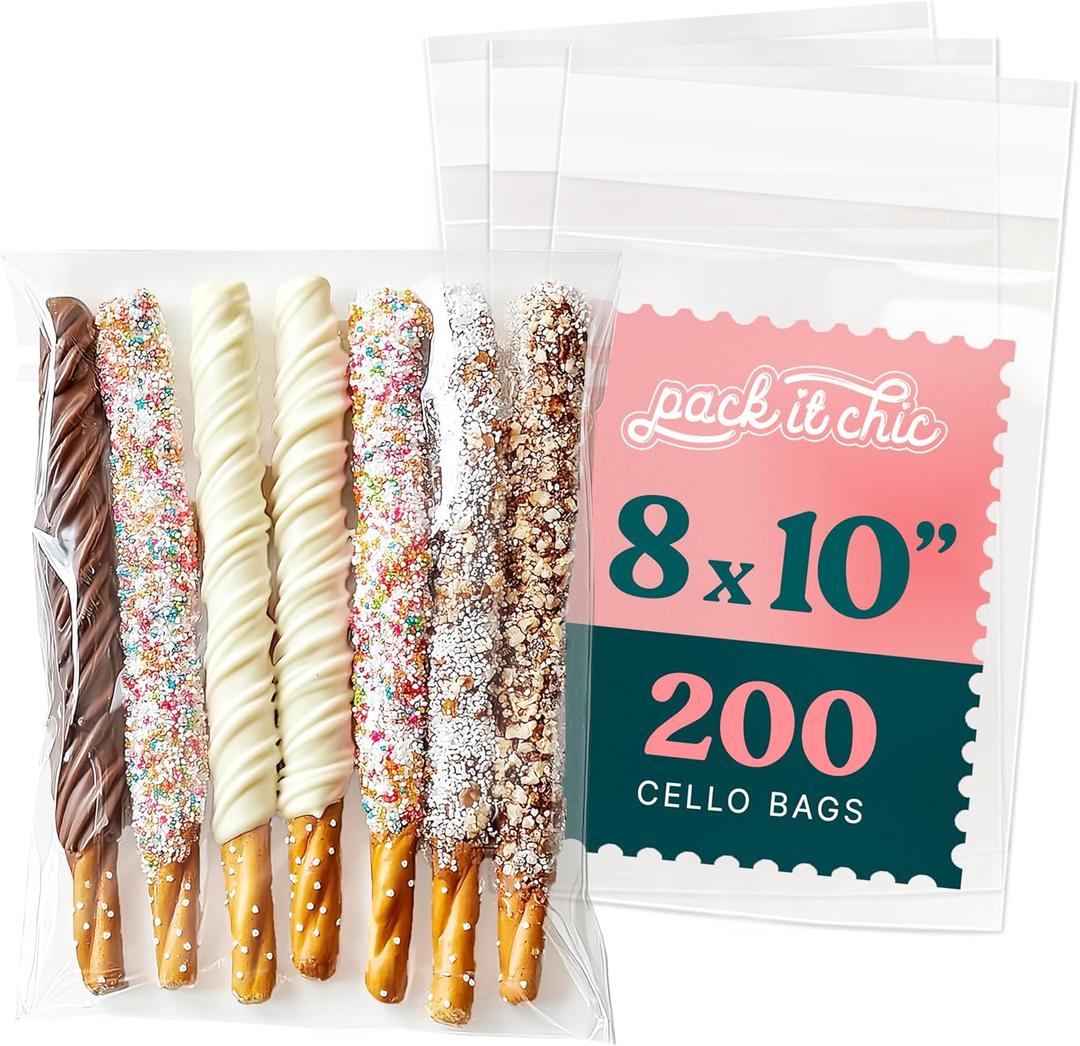 8" X 10" Self Sealing Cellophane Bags (200 Pack) - Clear Cookie and Pretzel Rod Bags With Seal for Baked Goods Packaging, Cookie Wrappers, Bakery Packaging, Bake Sale, Candy, Treats, Goodies, Gifts