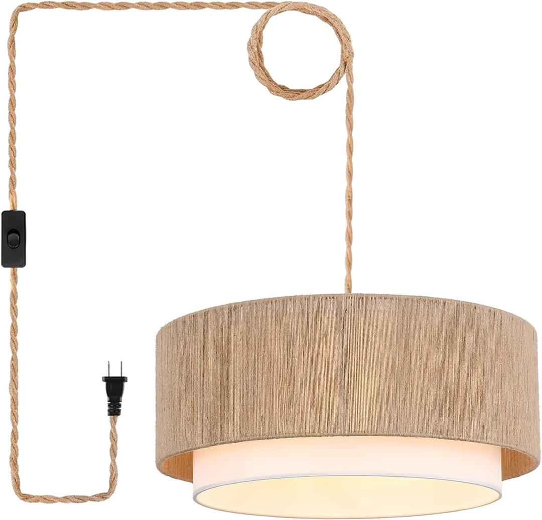 Plug in Pendant Light, 18 Rattan Plug in Chandelier with 15.7FT Light Cord, Hanging Light with Handwoven Hemp Rope Lampshade for Living Room Bedroom Kitchen