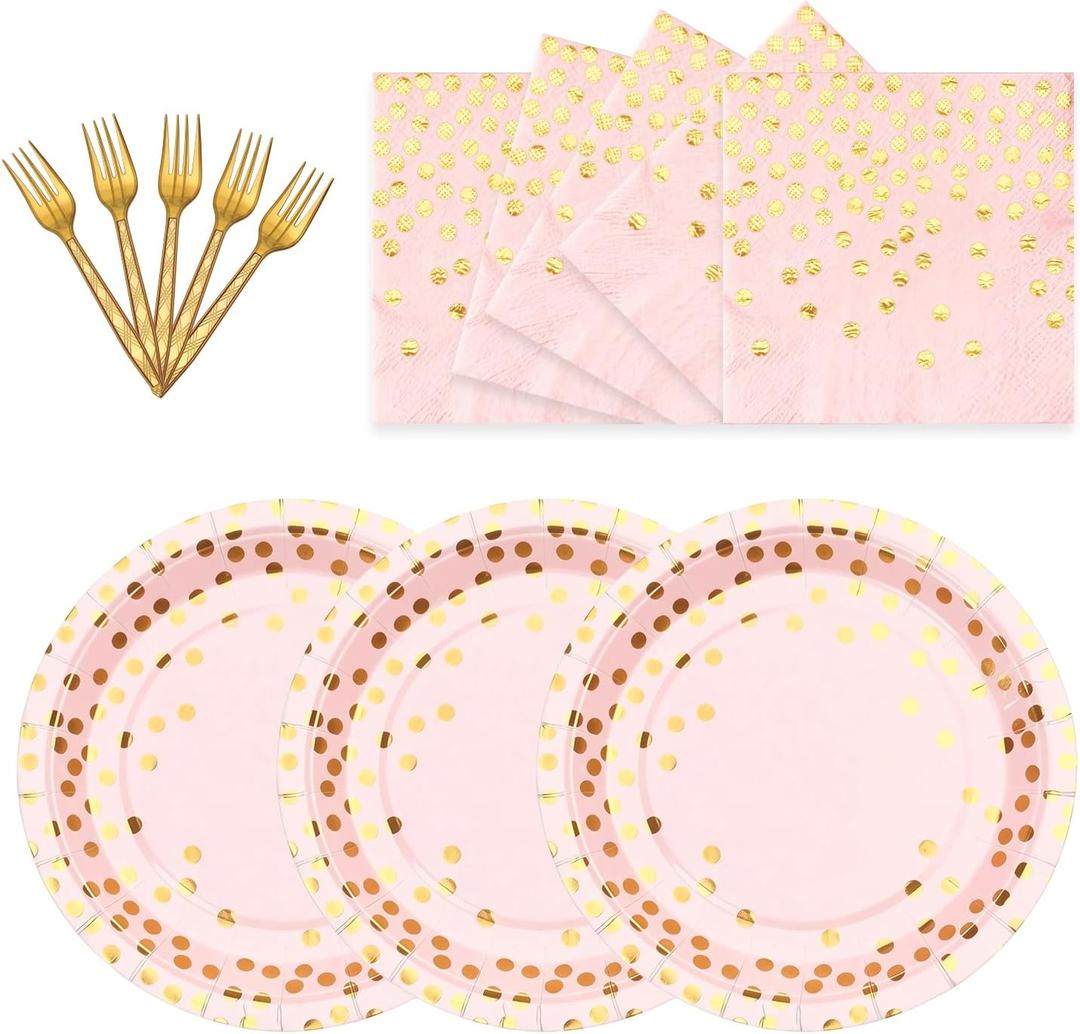 2 x Gold Dot Paper Plates and Napkins Party Supplies,Serves 25 Guests Plates and Napkins,Disposable Paper Tableware Set for Birthday Wedding Bridal Shower Baby Shower Decorations (Pink Gold)