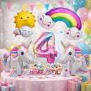 Unicorn Balloon Set for Girls 4th Birthday, Self-Standing Unicorns with Rainbow, Sun and Stars, Big Number 4 Foil Balloon Party Decorations and Photo Backdrop