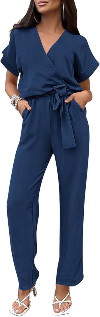 PRETTYGARDEN Women's One Piece Jumpsuits Dressy Casual Summer Short Sleeve Wrap V Neck Wide Leg Pants Romper Spring Clothes (Medium)