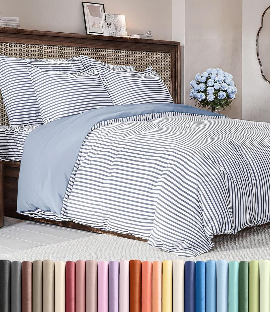 Duvet Cover Full Size Set - Extra Soft Full Duvet Cover 80" x 90" with 2 Pillow Shams - Hotel Luxury, Easy Care & Fade Free with Zipper Closures & Ties - All Season, Comfy & Breathable (Blue Stripes)
