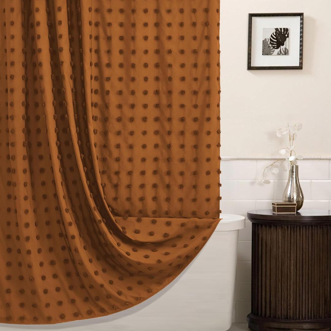 Boho Farmhouse Pumpkin Orange Shower Curtain Woven Fabric Shower Curtain, 72 x 72 Tufted Pleat Floral Puffs Textured Modern Farmhouse Minimalist Shower Curtain Set with Hooks for Bathroom