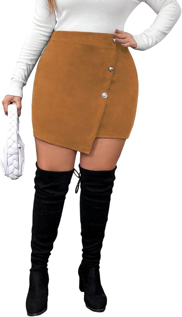 SOLY HUX Women's Plus Size Button Front Wrap Asymmetrical Hem Bodycon Skirt High Waist Mini Skirts Pure Khaki 1XL