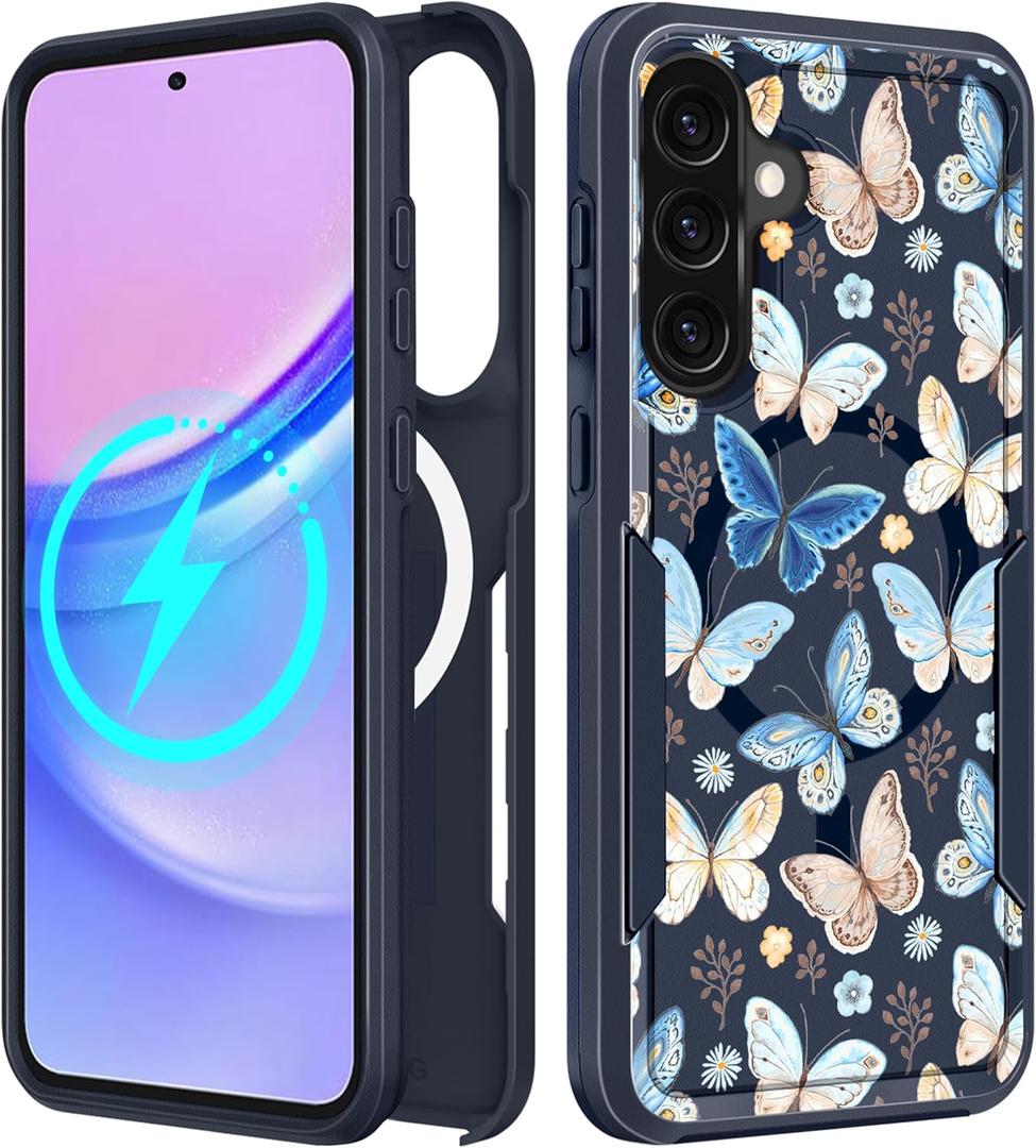 for Samsung Galaxy A36 5G Phone Case - Compatible with MagSafe Women Girls Cute Magnetic Protective Cover Girly Blue Butterfly Heavy Duty Shockproof Design for Samsung A36 5G Cases 6.7"