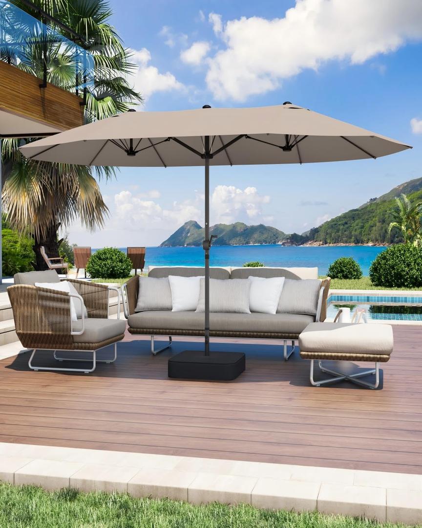 SUPERJARE 15FT Outdoor Patio Umbrella with Base Included, Double Sided Pool Umbrellas with Fade Resistant Canopy, Extra-Large Table Umbrella for Deck, Market, Backyard, Beige