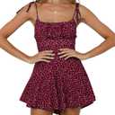 Jeanewpole1 Women's Boho Floral Wide Leg Short Romper Spaghetti Strap Smocked Jumpsuit, Red, Small