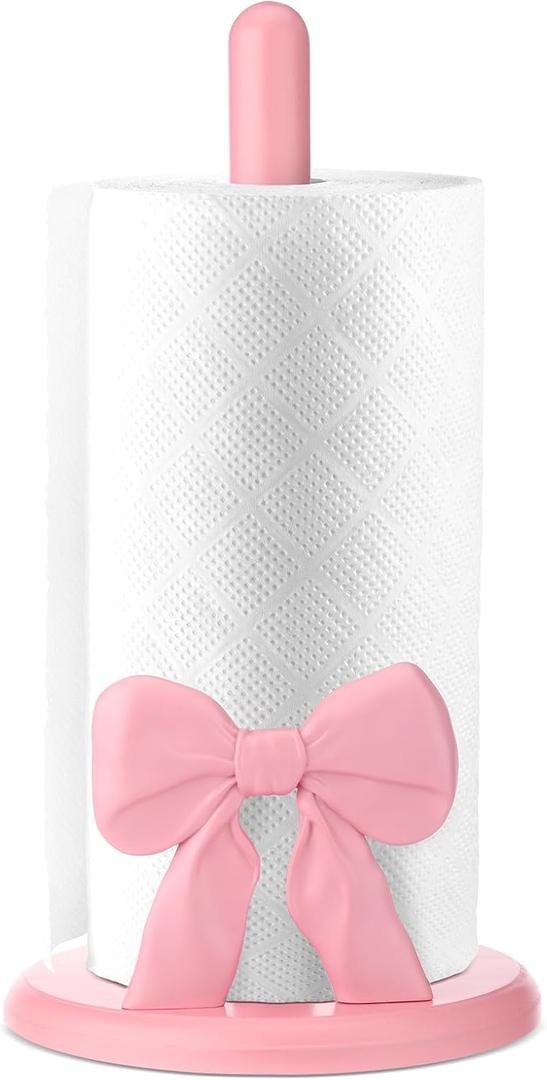 Leinuosen Pink Bow Paper Towel Holder Cute Resin Paper Towel for Kitchen Countertop Coquette Crafts Pink Bow Napkin Holder Decorative Gifts for Home Women Bathroom Free-Standing