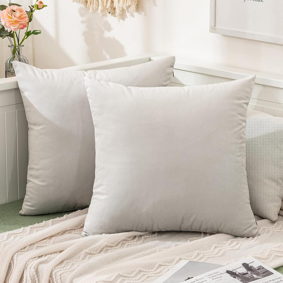 MIULEE Velvet Throw Pillow Covers 18x18 Inch, Pack of 2 - Greyish White, Soft Solid Decorative Pillow Covers Cushion Cases Modern Luxury Home Decor for Spring Couch Sofa Bedroom Livingroom