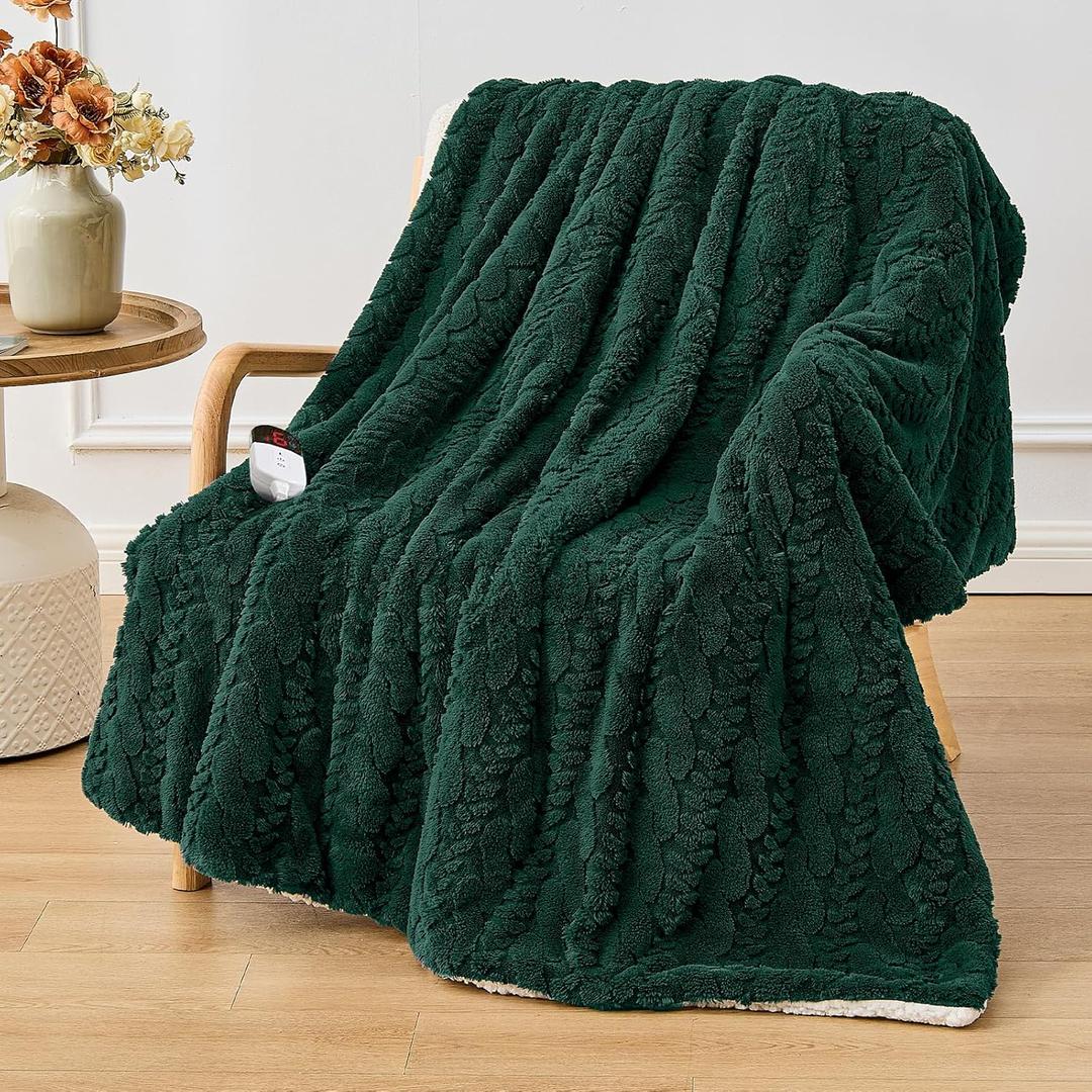 Electric Heated Throw Blanket - Jacquard Shaggy Sherpa 50"x60" Fast Heating Bed Blankets with 6 Heating Levels & 4 Hours Auto Off, Over-Heated Protection ETL, Dark Green