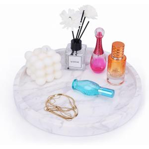WORHE Natural Marble Decorative Tray for Bathroom Bedroom Kitchen Dresser, Large 10.6" Round Vanity Trays for Jewelry, Perfume, Cosmetic, Candle, Countertop Storage Organizer for Home Decor (WH037)