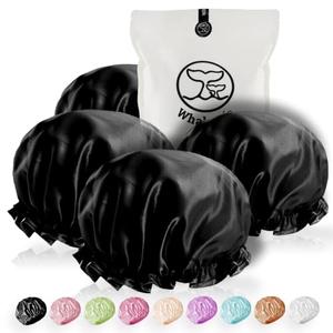 WhaleLife Shower Cap - Black Double-Layer Waterproof Reusable Satin-Lined for Women Men | Fits Thick Hair | Home Spa Travel 4 Pack