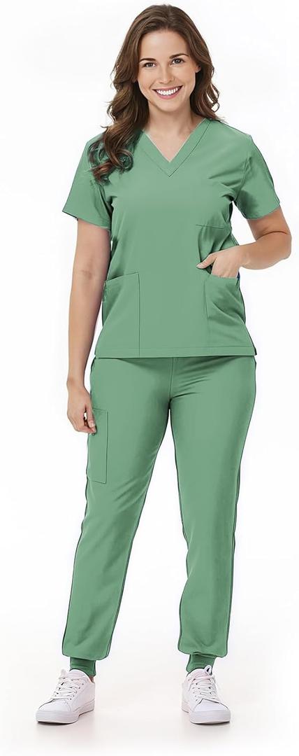 Scrubs Set for Women Nurse Uniform V-Neck Top and Drawstring Jogger Pants with Multi Pocket Nurse Workwear (Small, Light Green)