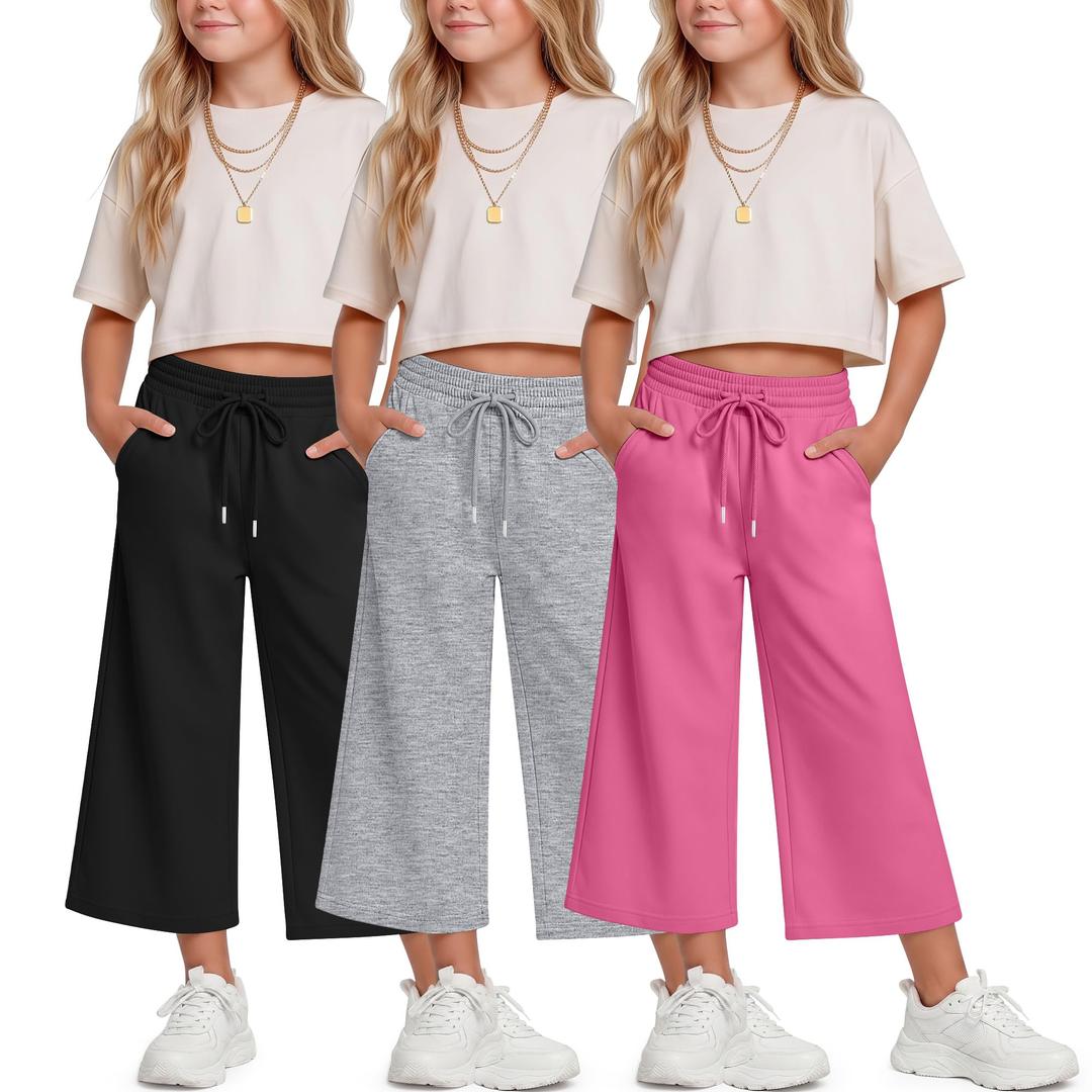 Halfchet 3 Pack Girls Capri Pants Wide Leg Baggy Cropped Sweatpants Kids Basic Casual Capris with Pockets for Ages 5-14(11-12 Years,Rose Red, Light Heather Gray, Black)