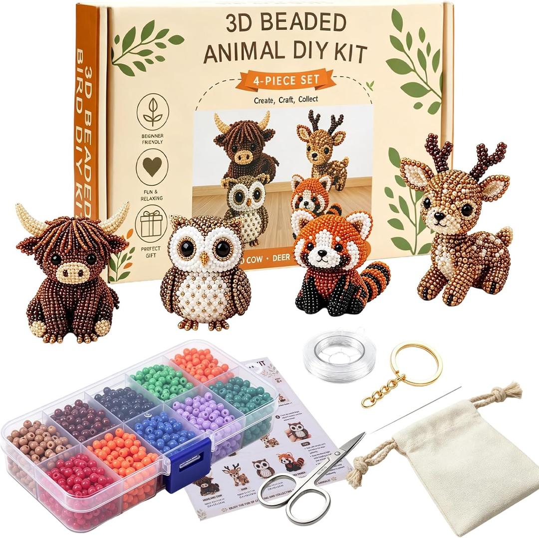 YADUO Tiny 3D Beaded Animal DIY Kit, Easy DIY Beading Embroidery Kit with 4 Cute Designs, Cute Bird & Animal Beading Craft Set, Handmade Bead Art Mosaic Kit for Adults,Beginners (Woodland Friends)