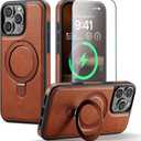 for iPhone 16 Pro Max Case with Stand Compatible with Magsafe Slim PU Leather & Rubber Drop Proof Magnetic Kickstand Protective Phone Cover with Tempered Glass Screen Protector 6.9", Brown