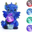Dragon Statue Resin Dragon Figurine with Colorful Lights Crystal Ball Light Home Living Room Desk Office Festival Decorations (Blue)