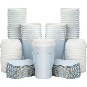 Sparkle and Bash 48 Pack 16 Oz To Go Coffee Cups with Lids and Sleeves for Baby Shower and Birthday Party Supplies, Home, and Restaurant - Light Blue Disposable Coffee Cups with Lids (Light Blue)