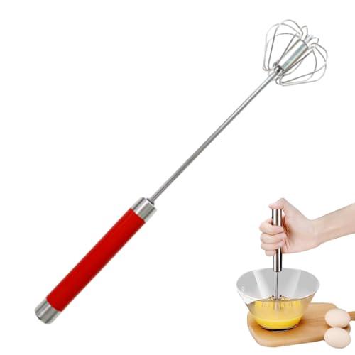 Easy Whisk - 12 Inch Stainless Steel Semi Automatic Whisk Rotating Hand Egg Beater for Milk Frother, Dough, Cream, Matcha, Hand Push Kitchen Mixer for Blending, Whisking, Beating & Stirring (Red)