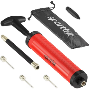 SPORTBIT Ballpump for Sports Balls - Basketball Pump for Sport Balls - Football & Soccer, Basketball, Volleyball Pump, Swim Inflatables - Hand Air Pump with 3 Needles, Nozzle, Extension Hose, Pouch (Red)