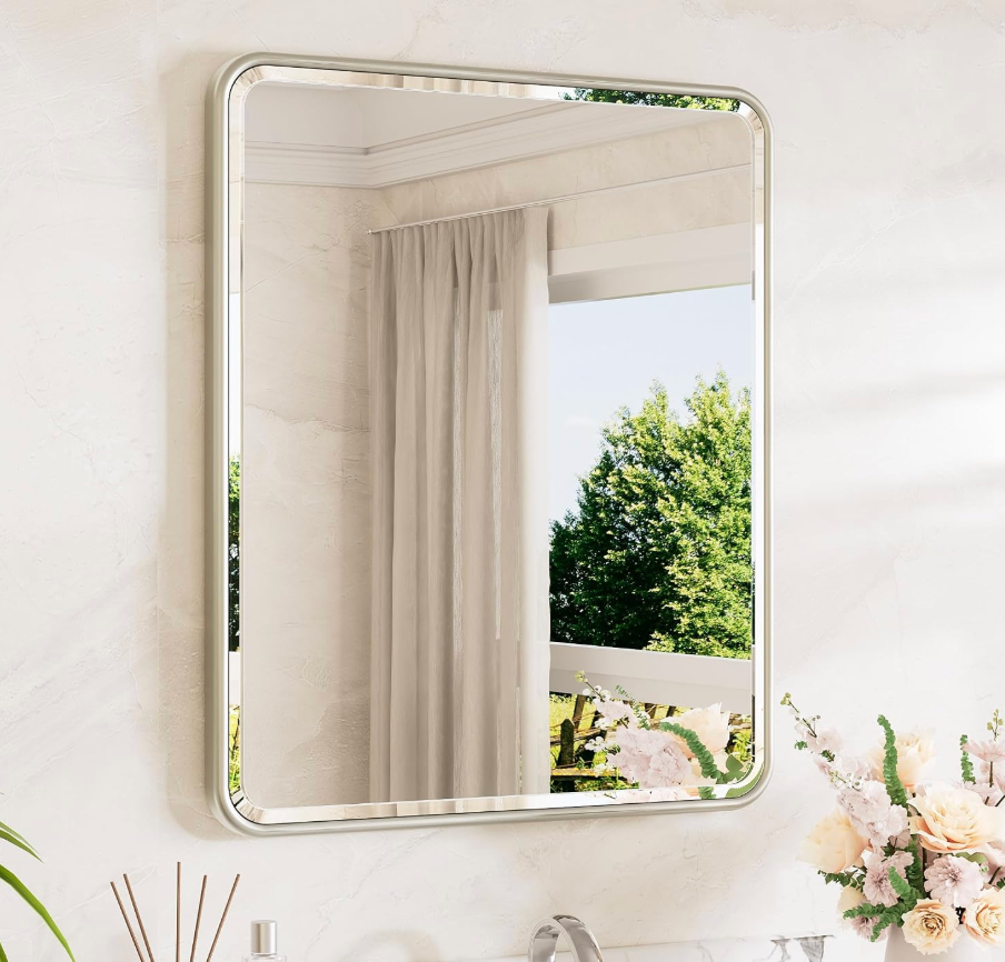 TETOTE Brushed Nickel Bathroom Mirror 24" x 30" Beveled Edge Tempered Glass, Round Corner Rectangle Bathroom Mirror for Over Sink for Modern Bathroom, Living Room, Bedroom, Entryway