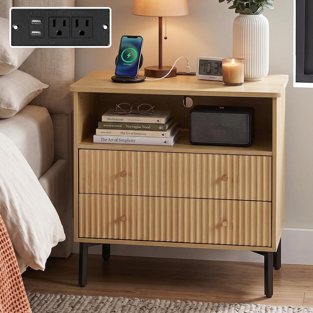 27" Fluted Oak Nightstand with Charging Station, Wide Wood Bedside Table