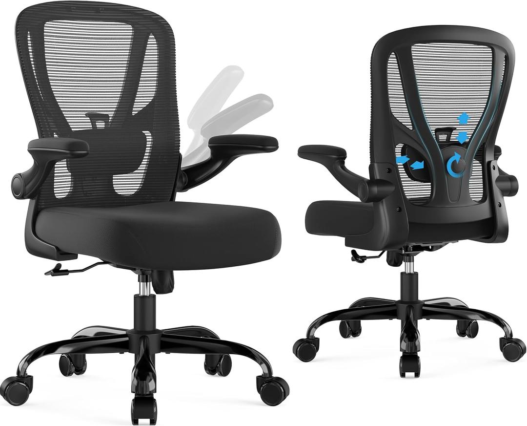 Office Chair Ergonomic Desk Chair - Mesh Computer Chair Breathable Task Chair with Wheels Adjustable Lumbar Support Home Desk Office Chairs with Flip up Armrest Executive Rolling Swivel Black Silver