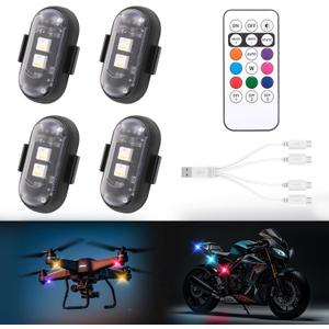 4PCS Wireless LED Strobe Lights with Remote Control,8 Colors Waterproof Anti-Collision USB Charing Led Warning Light, High Brightness Wireless LED Lights for Car Drone Truck Motorcycle Aircraft Bike