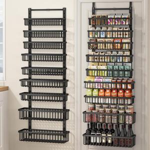 POKIPO 9 Tier Over The Door Pantry Organizer, 2 in 1 Wall Mount or Hanging Spice Rack with Adjustable Deep Basket, Heavy-Duty Seasoning Organizer and Storage for Kitchen Cabinet Closet Bathroom (Black)