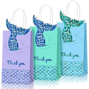 Sabary 18 Pcs Mermaid Party Favors Bags Summer Mermaid Themed Goodie Treat Candy Gift Paper Bags with Handles for Girls Kids Birthday Baby Shower Under The Sea Ocean Decorations, 3 Colors