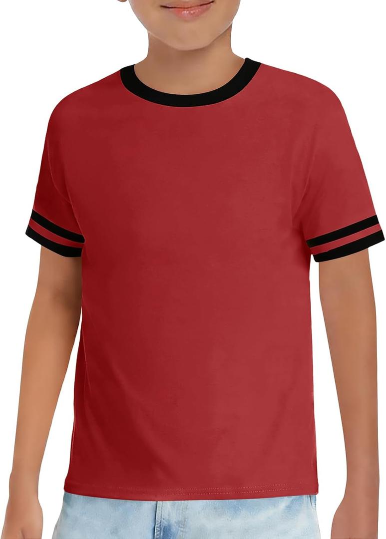 Haloumoning Boys Short Sleeve T Shirts Kids Summer Crewneck Color Block Tops Fashion Tees 5-14 Years (Red)