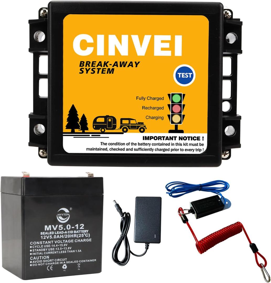 Trailer Brakes Breakaway Kit with Charger, LED Indicator, Switch, 12V 5AH Battery for Trailer Caravan
