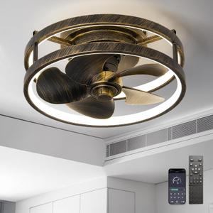 Small Ceiling Fans with Lights with Remote Low Profile Flush Mount Fandalier 13 Inch's Dimmable 36W 3000-6000K LED Fan with Light, Modern Ceiling Fanfor Bedroom Living Room (Golden Black)