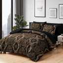 WONGS BEDDING Black Comforter Set Queen Size, Gold Damask Texture 7 Pieces Bed in a Bag Microfiber Comforter Bedding Sets -1 Comforter, 1 Flat Sheet, 1 Fitted Sheet, 2 Pillow Shams, 2 Pillowcases