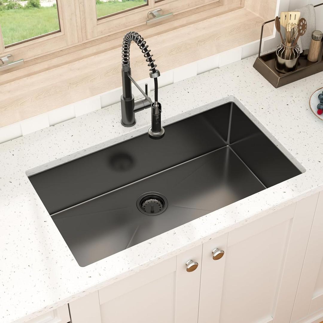 Undermount Kitchen Sink Black Stainless 30 Inch Sink Single Bowl, 30x18x9 Undermount