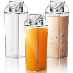 Remerry 3 Pcs Milk Carton Water Bottle Square Plastic Coffee Portable Reusable Milk Carton Cup Leakproof Juice Bottle (Clear)