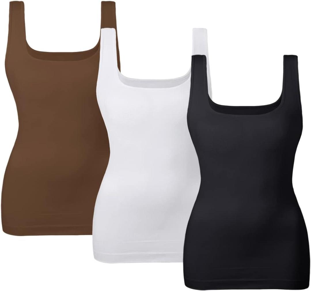 EUYZOU Women's Tummy Control Shapewear Tank Tops Seamless Square Neck Compression Tops Slimming Body Shaper Camisole (Large, Black/White/Coffee 3Pcs)