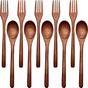 Patelai Wooden Spoons Forks Set Wooden Utensils for Eating Wood Dinner Utensil Set Reusable Flatware Tableware Handmade Natural Cutlery Includes Spoon Fork for Cooking Eating Kitchen(10 Pieces)
