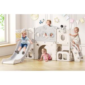 Babytronic Toddler Slide Set, 8 in 1 Kids Slide with Climber, Indoor Outdoor Slide for Toddlers Age 1-3, Toddler Playset with Basketball Hoop and Tunnel, Toddler Indoor Outdoor Playground (White&Gray)