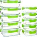 UMEIED 10 PACK Glass Food Storage Containers with Leak Proof Lids, Glass Airtight Meal Prep Containers Set for Lunch, On the Go, Leftover, Kitchen Pantry Organizers and Storage (Green)