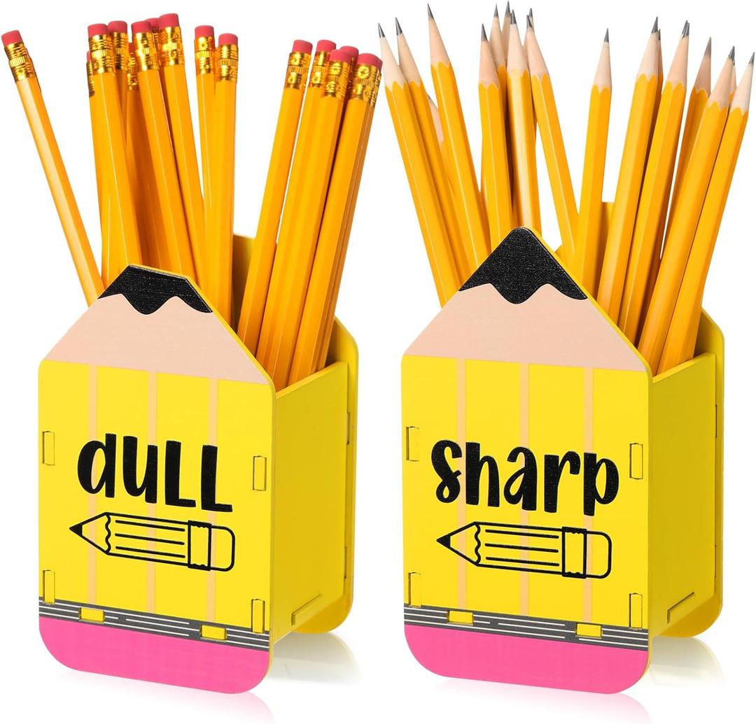 DoubleFill 2 Pcs Pencil Shaped Holder Sharp Dull Holder Wooden Dispenser Pencil Storage for Back to School Teachers Classroom Organization(Simple, Yellow)