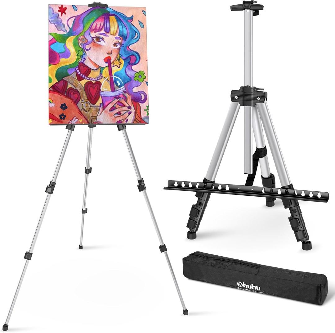 Ohuhu 66" Artist Easel Stand - Portable Aluminum Tripod Easel with Bag - Extra Sturdy Silver Painting Easel with Adjustable Height from 21" to 66" for Table-Top/Floor Painting Drawing Displaying
